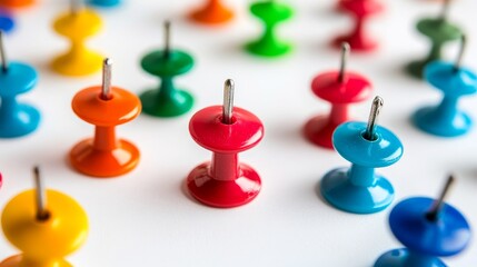 Colorful thumbtacks on a white background.  Perfect for holding papers and notes.

