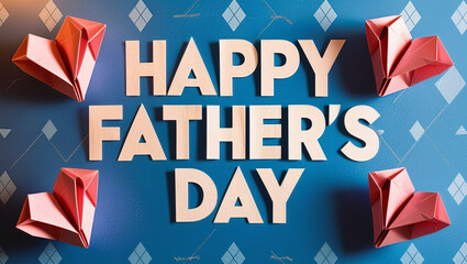 Elegant Father's Day flyer featuring tactile origami hearts and playful typography on a serene blue background with an argyle pattern; perfect for conveying warmth and craftsmanship in celebration.