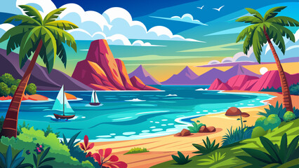 Tropical seascape with sailboat at sunny day. Sail yacht in beautiful lagune. Marine landscape with mountains and boat. AI generated vector illustration
