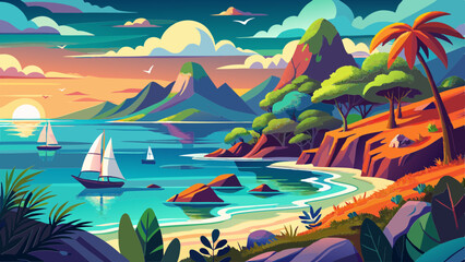 Tropical seascape with sailboat at sunny day. Sail yacht in beautiful lagune. Marine landscape with mountains and boat. AI generated vector illustration