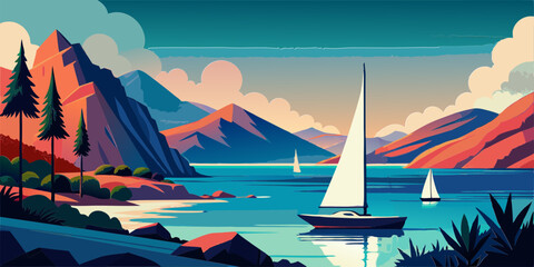 Tropical seascape with sailboat at sunny day. Sail yacht in beautiful lagune. Marine landscape with mountains and boat. AI generated vector illustration