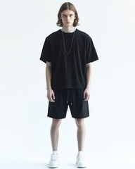 Fototapeta premium Man Standing in Black Casual Outfit on White Background Studio Shot