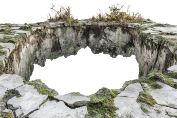 a hole in the ground with moss growing out of it cutout and isolated on transparent background 