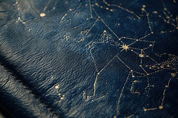 Close-up of dark blue leather texture with gold constellation pattern.