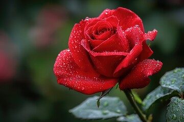 A close-up of a vibrant red rose covered in water droplets, with a blurred background. The rose petals are in full bloom, showcasing their intricate details