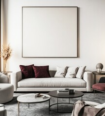 Modern living room with beige sofa,  large blank canvas, and marble coffee table.