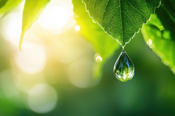 Fototapeta premium Close-up shot of a water droplet hanging from a vibrant green leaf, reflecting the surrounding environment