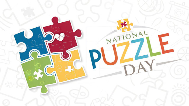 National puzzle day graphic featuring puzzle pieces and colorful text on a white background