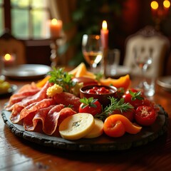elegant serving platter assorted meats gourmet charcuterie presentation delicious appetizing meats artisan treats fine dining, cuisine, appetizer, slice