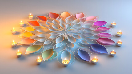 Fototapeta premium A colorful paper flower mandala is surrounded by lit candles. The vibrant petals create a calming, festive scene, perfect for Diwali or a spiritual setting.