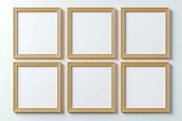 a set of four empty wooden frames on a white wall cutout and isolated on transparent background 