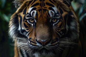 Fototapeta premium A close-up portrait of a Sumatran tiger, showcasing its striking features and intense gaze