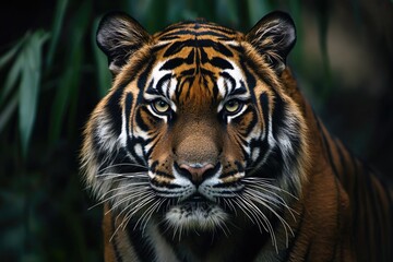 Fototapeta premium A close-up portrait of a majestic tiger gazing directly at the camera, capturing its striking features. Its eyes and expression reveal a sense of alertness and focus, against the lush foliage