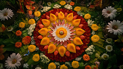 A vibrant mandala crafted from an array of colorful flowers.  Intricate detailing and a diverse selection of blooms create a stunning, symmetrical design.