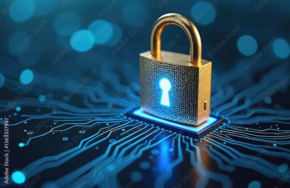 Poster Golden padlock with glowing blue keyhole on digital circuit board representing online security. Concept of data protection, cybersecurity, internet privacy. Global network protection with encryption,
