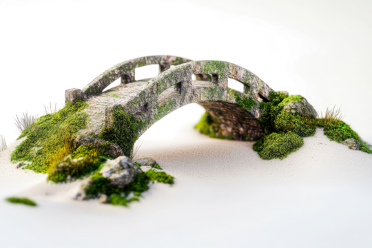 a moss covered bridge on a white surface cutout and isolated on transparent background 