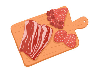 Hand drawn meat platter on cutting board on white background. Cold cuts for lunch, parties, picnic, salami, jamon, roll on wooden board