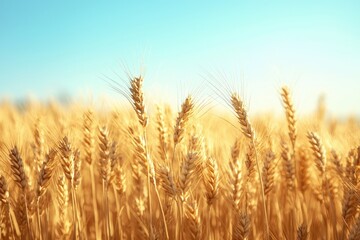 A field of ripe wheat swaying gently in the breeze, with a clear blue sky in the background