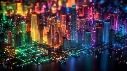 Obraz premium Vibrant futuristic cityscape illuminated with multicolored neon lights at night