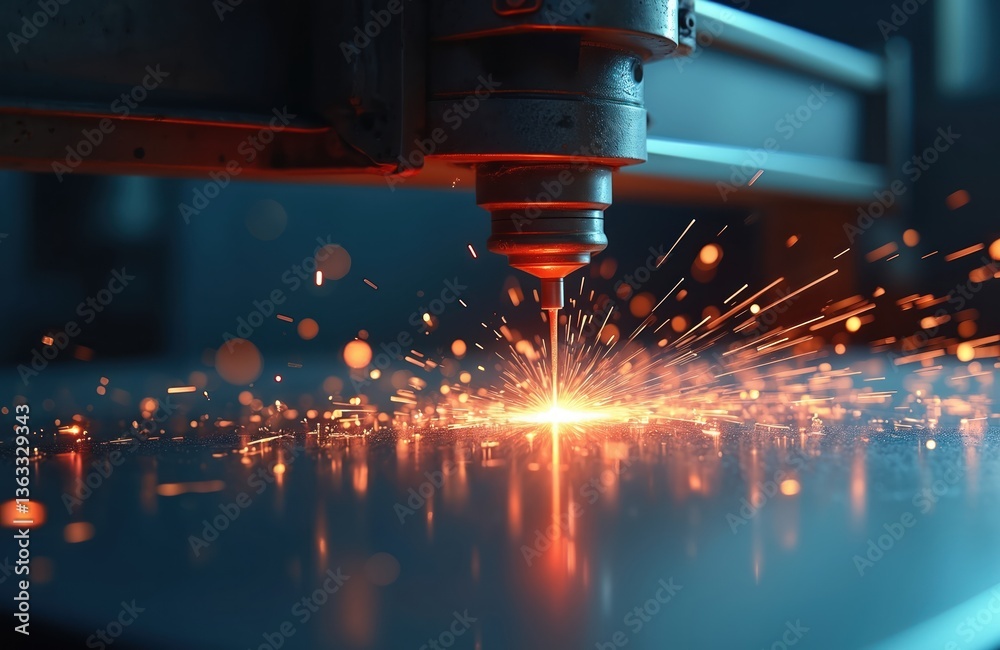 Aufkleber laser beam cuts metal sheet emitting bright sparks. industrial manufacturing tech process. precision