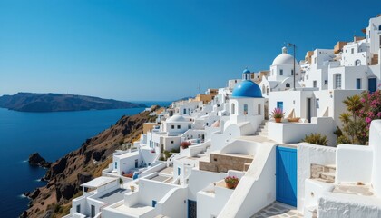 Stunning Santorini White Buildings Iconic Blue Domes Clear Blue Sky Ocean View - Mediterranean Travel Marketing Vacation Promotions