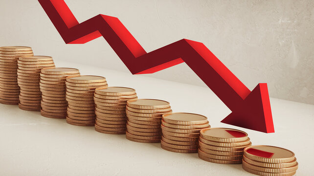 Descending red arrow above decreasing stacks of gold coins, illustrating financial decline or economic downturn