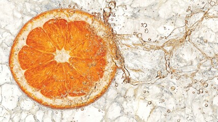 Orange slice splashing water over white marble background for a drink ad or healthy food blogging