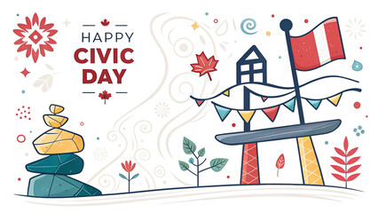 Happy civic day illustration with stacked stones and a flag on a white background design