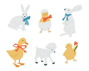 Naklejka premium Easter animals, including rabbits, a duckling, a lamb, and chicks, decorated with ribbons and flowers. A charming spring illustration symbolizing the Easter holiday and the awakening of nature