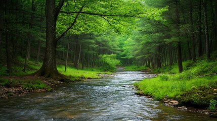Obraz premium Serene Forest Stream with Lush Greenery.