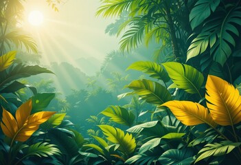 Lush Tropical Foliage Sunlight Filtering Green Leaves Vibrant Yellow Accents - Travel Tourism Marketing Tropical Paradise Settings