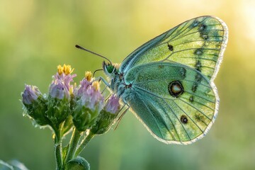 Obraz premium A stunning butterfly gracefully perched on a delicate flower, its wings showcasing intricate patterns, bathed in the golden sunlight. 
