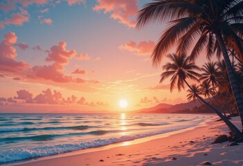 Vibrant Tropical Sunset Ocean Palm Trees Sandy Beach - Colorful Tranquil Scene Travel Marketing Vacation Promotions