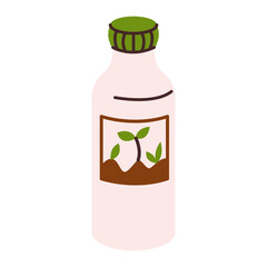 A plastic bottle with liquid fertilizer for fertilizing plants. A graphic element for the garden, agriculture and plants. Vector illustration in a flat style, isolated on a white background