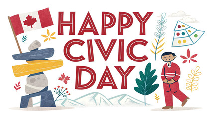 Happy civic day illustration with canadian flag inukshuk and a person in red suit