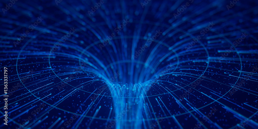 Poster abstract flow of data in cyber wormhole. quantum computing information vortex. digital singularity.