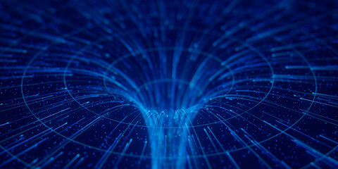 Abstract flow of data in cyber wormhole. Quantum computing information vortex. Digital singularity.