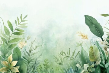 delicate watercolor illustration captures serene beauty of green space with vibrant garden where array of botanicals