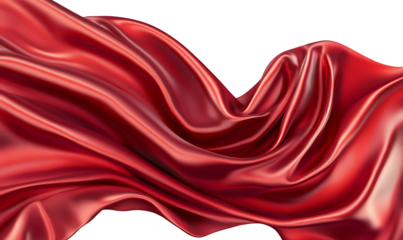  Glossy red satin fabric featuring soft folds and an elegant drape. Shiny texture and rich red color add sophistication and luxury, ideal for fashion design. Isolated on transparent background, png.