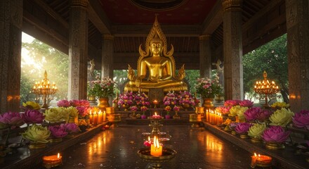 Fototapeta premium Golden Buddha statue surrounded by flowers and candles