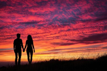 Fototapeta premium A silhouette of a couple holding hands, against a vibrant sunset backdrop. They appear to be walking on a hill. The sky showcases a stunning display of colors