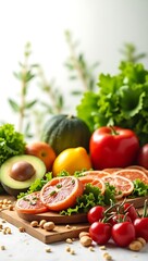 A vibrant display of fresh fruits and vegetables on a wooden board with a bright background