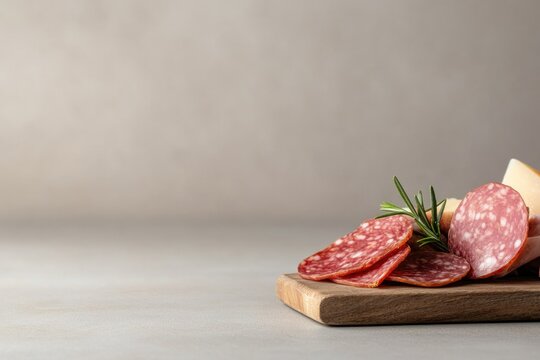 rustic wooden cutting board displays assortment of charcuterie meats including salami and prosciutto artfully arranged