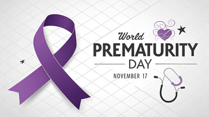 World prematurity day graphic with purple ribbon and stethoscope on a patterned white background