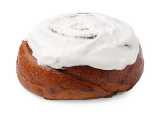 Tasty cinnamon roll with cream isolated on white