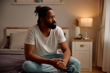 Fototapeta premium Pensive black man thinking of something while sitting alone in bedroom.