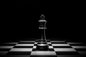 Black chess king on checkerboard surface in darkness