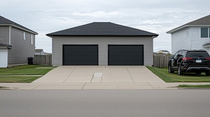 Detached garage on driveway of suburban home, with car parked nearby. Real estate or storage use