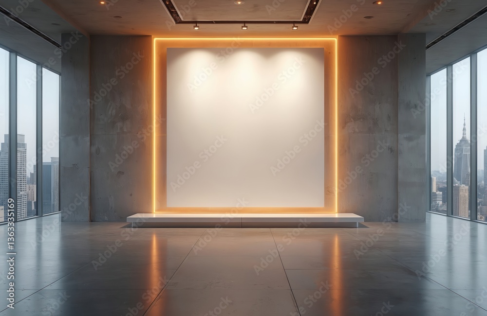 Poster modern art gallery interior. large blank canvas on wall, city view through windows. empty showroom w