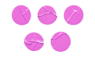 Set of pink glossy paper circles with creases, isolated blank round sticker on transparent background